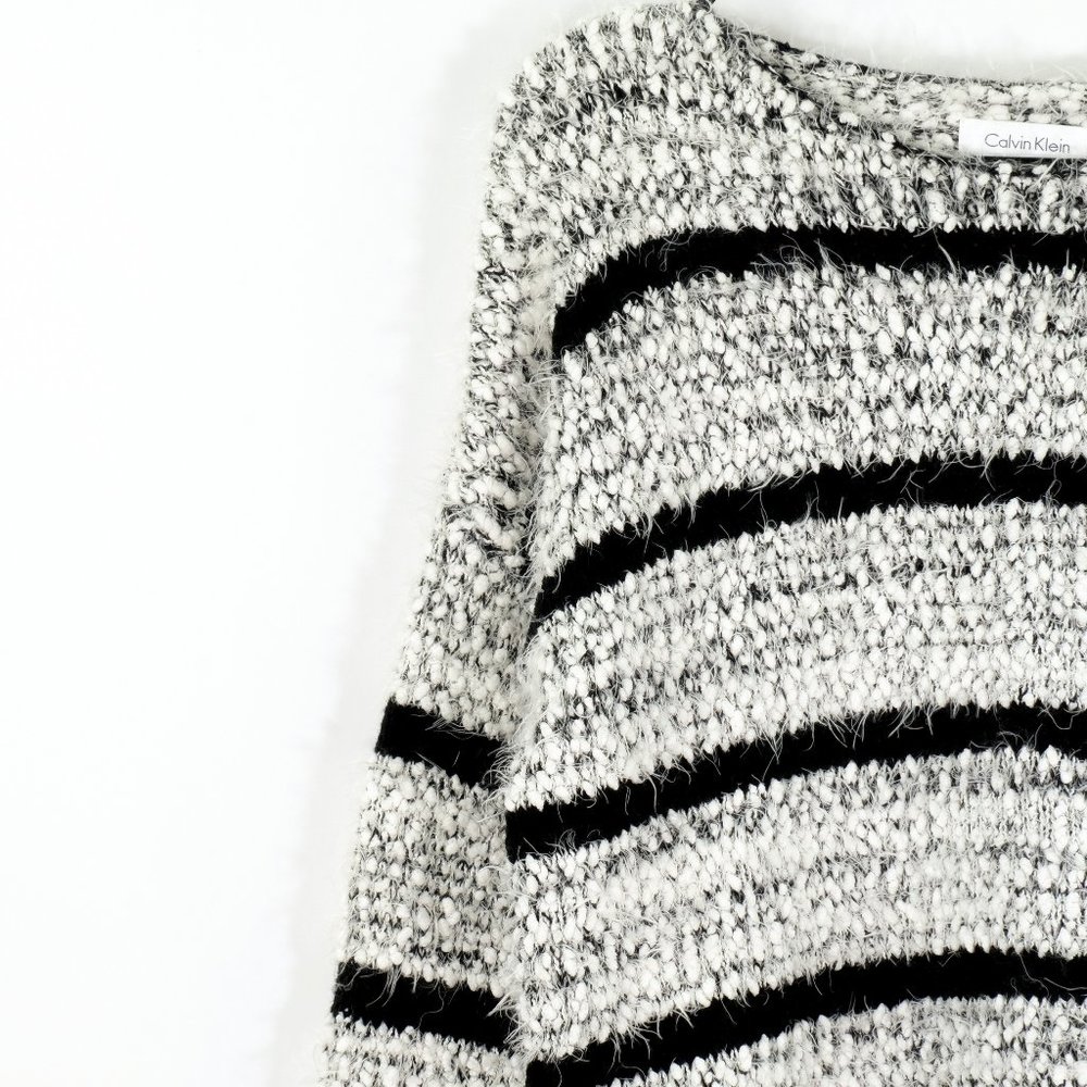 CALVIN KLEIN Black & White Striped Fuzzy Sweater